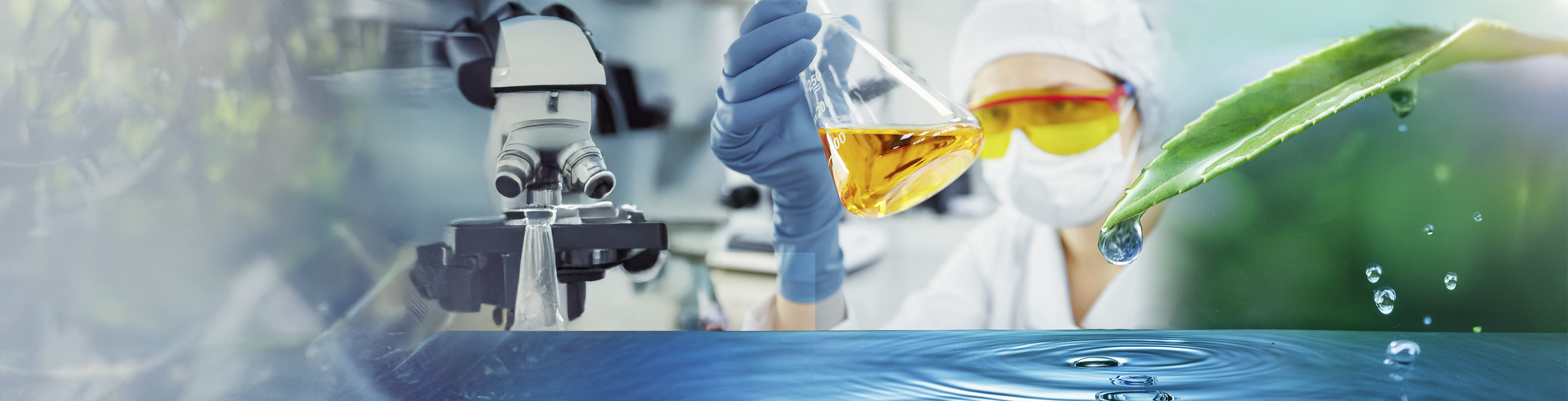 hoja gota agua y en segundo plano un persona trabajando con quimica